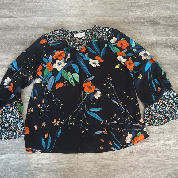 Nanette Lepore Navy Floral Blouse Mixed Print Bell Sleeves Boho Womens Sz S - Picture 2 of 8